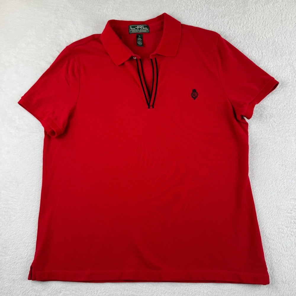 Lauren Active Ralph Lauren Polo Shirt Women XL Red V-Neck Crest Cotton Short Slv